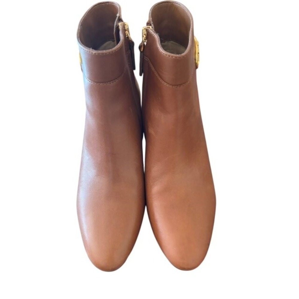 Lauren Ralph Lauren Wynne Tan Leather Ankle Boots Gold Logo Buckle Size 7B - Picture 4 of 9
